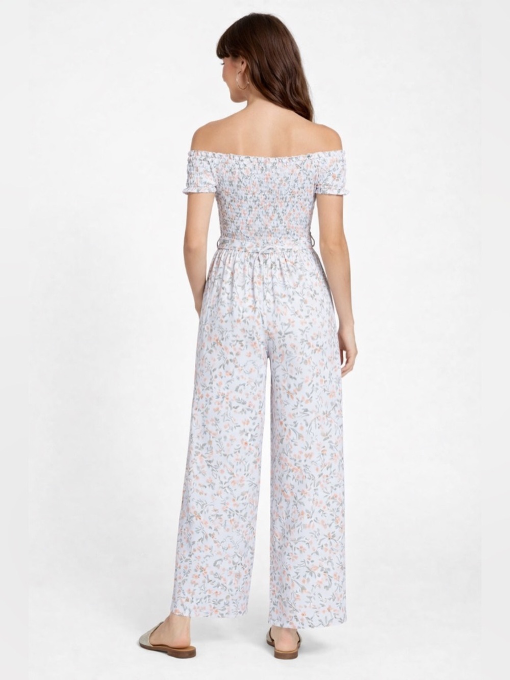 Guess Off-Shoulder Floral Wide-Leg Jumpsuit in White and Pastel - Picture 2 of 10